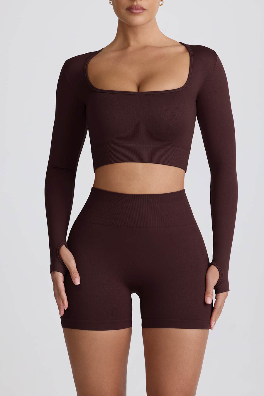 super sculpt naadloze crop top met lange mouwen in chocoladebruin