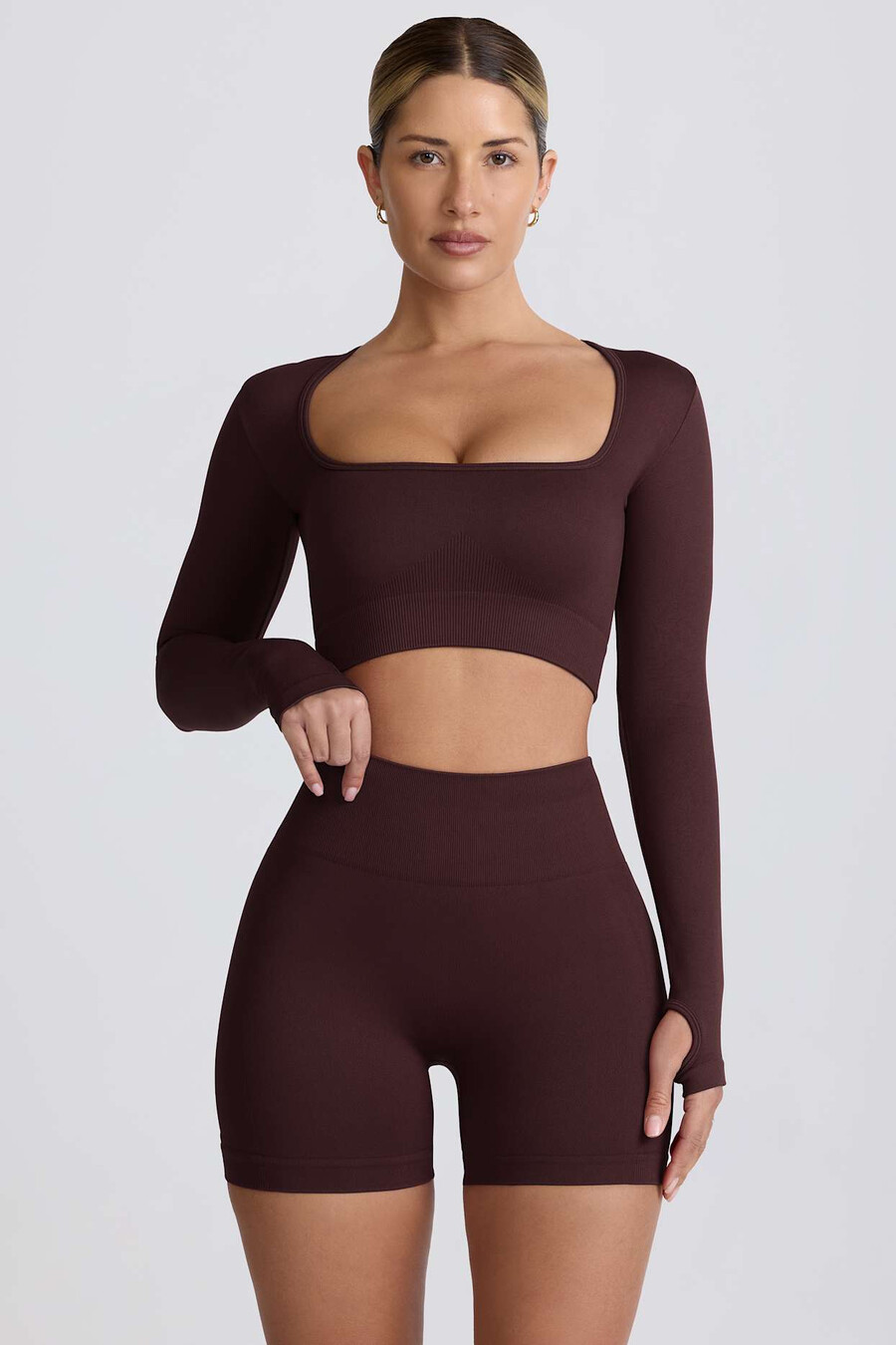 super sculpt naadloze crop top met lange mouwen in chocoladebruin
