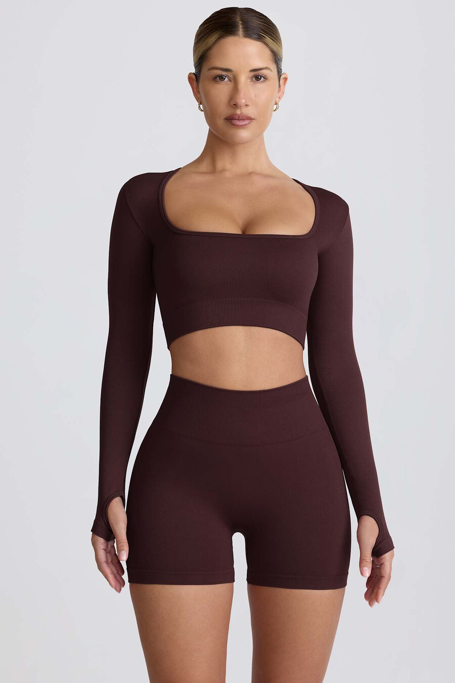 super sculpt naadloze crop top met lange mouwen in chocoladebruin