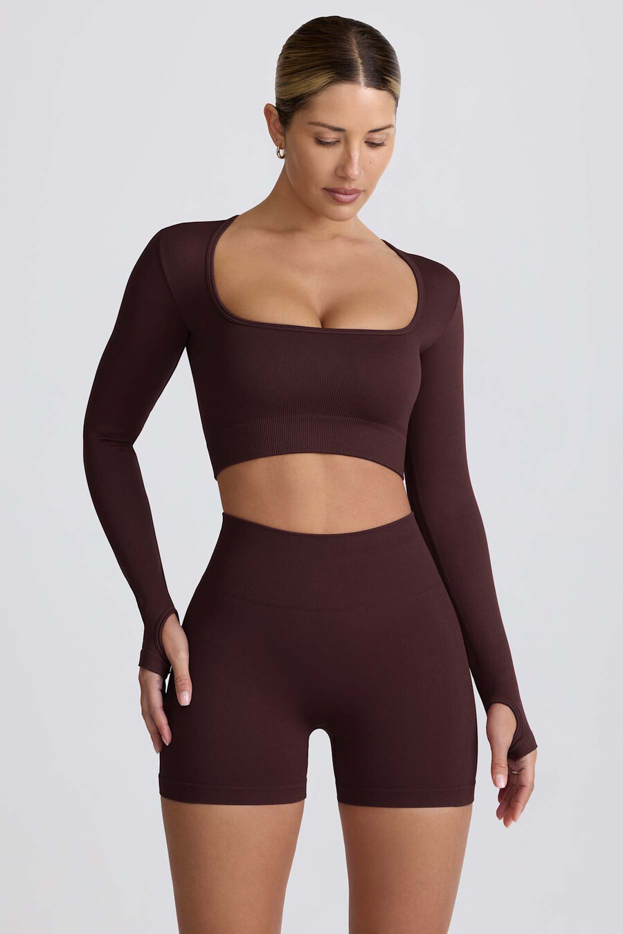 super sculpt naadloze crop top met lange mouwen in chocoladebruin