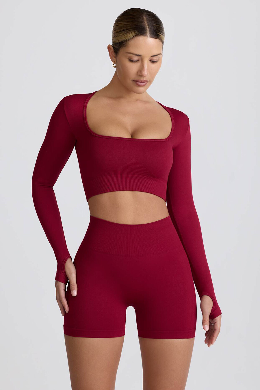 super sculpt naadloze crop top met lange mouwen in bordeauxrood