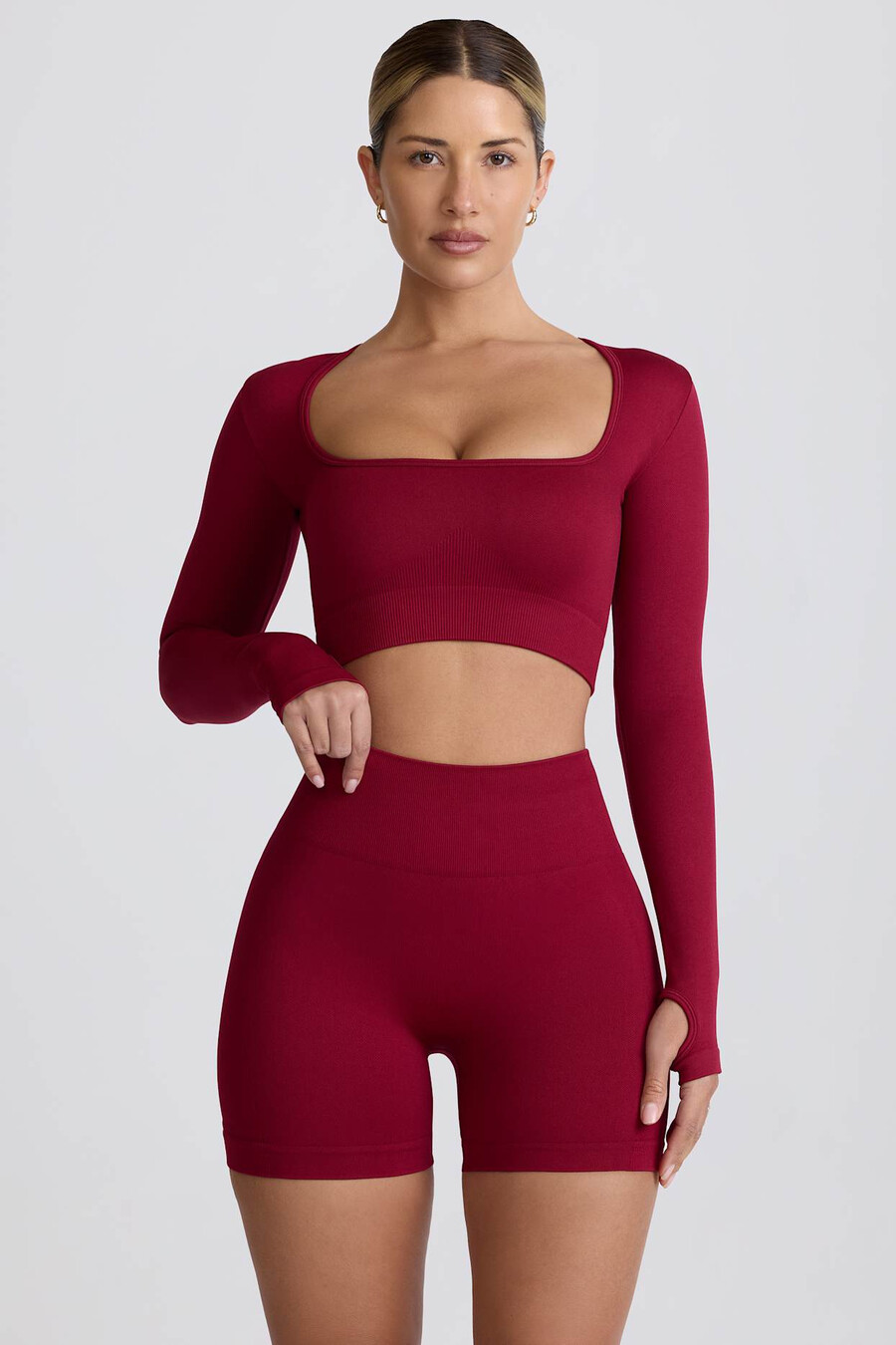 super sculpt naadloze crop top met lange mouwen in bordeauxrood
