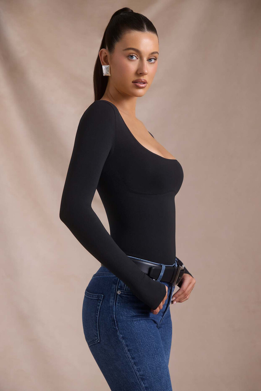 naadloze bodysuit met lange mouwen in zwart
