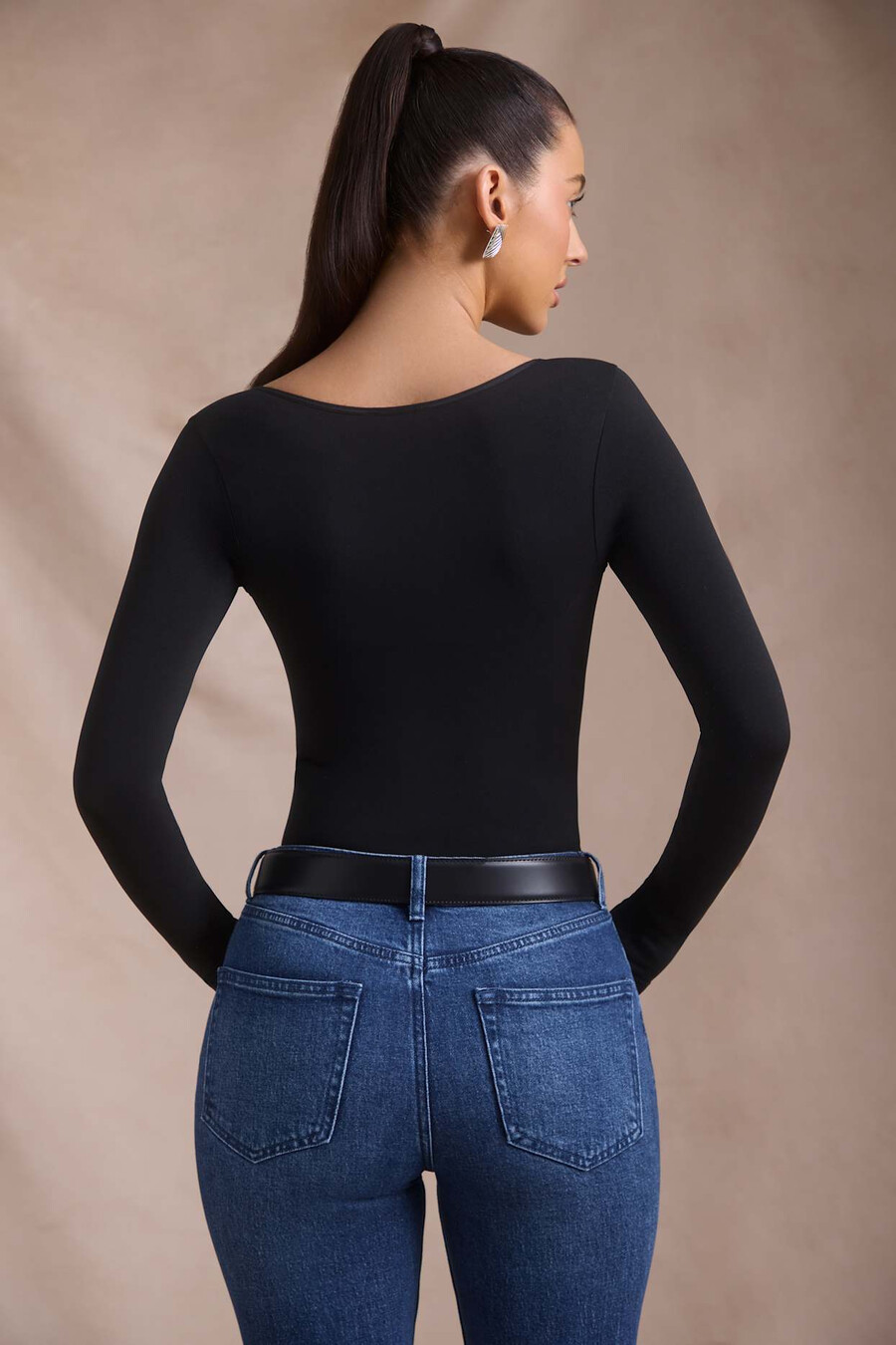 naadloze bodysuit met lange mouwen in zwart