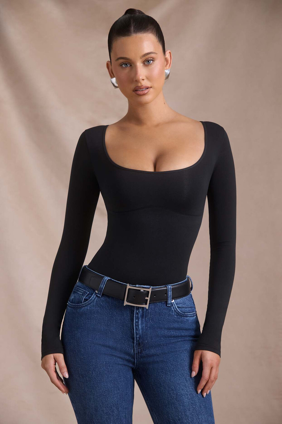 naadloze bodysuit met lange mouwen in zwart
