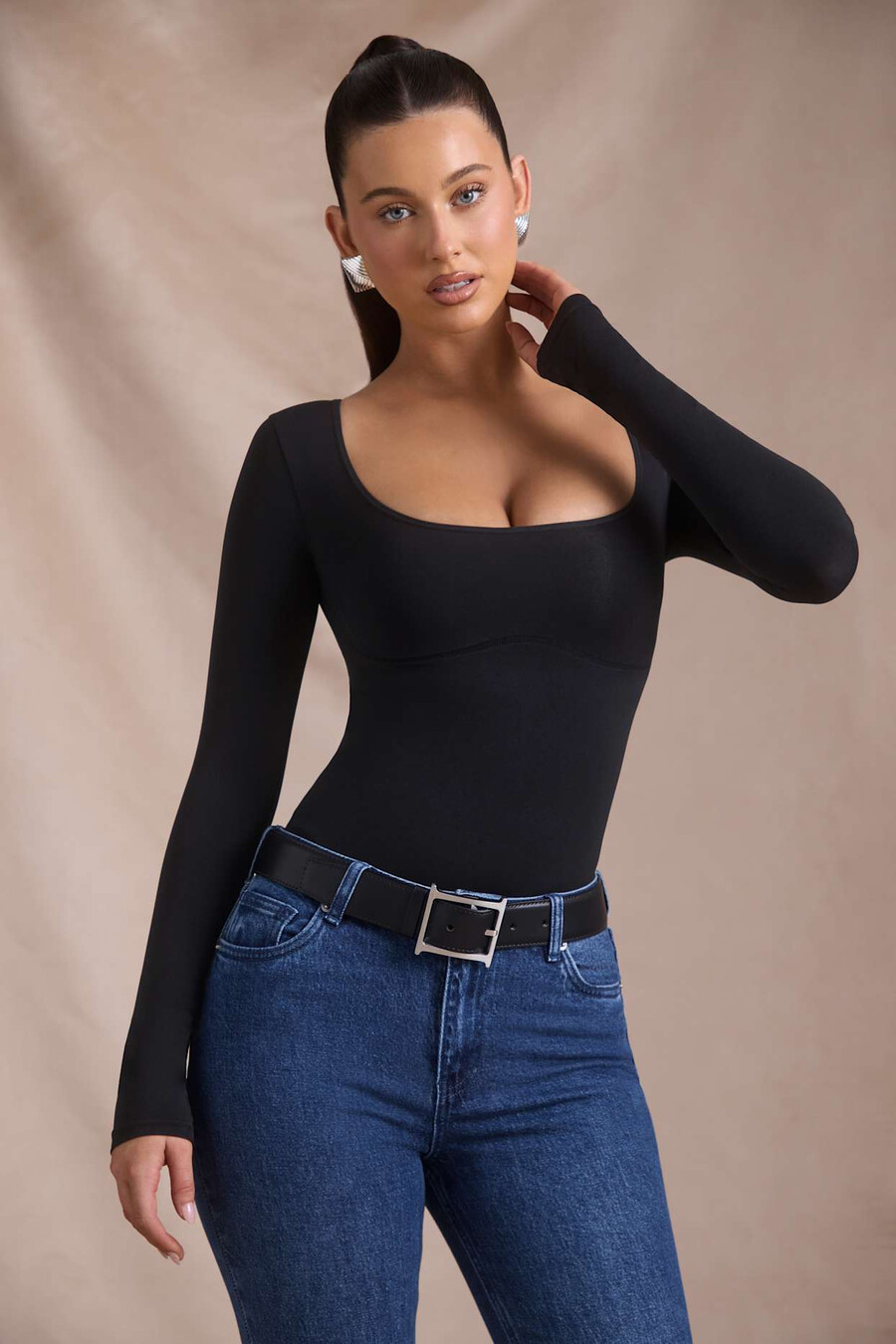 naadloze bodysuit met lange mouwen in zwart