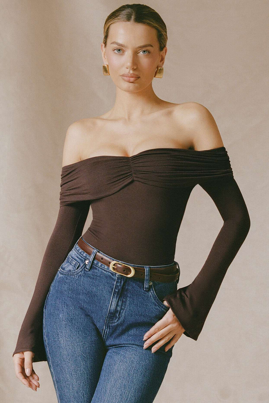 off-shoulder top met ruches van modal en kasjmier in espresso