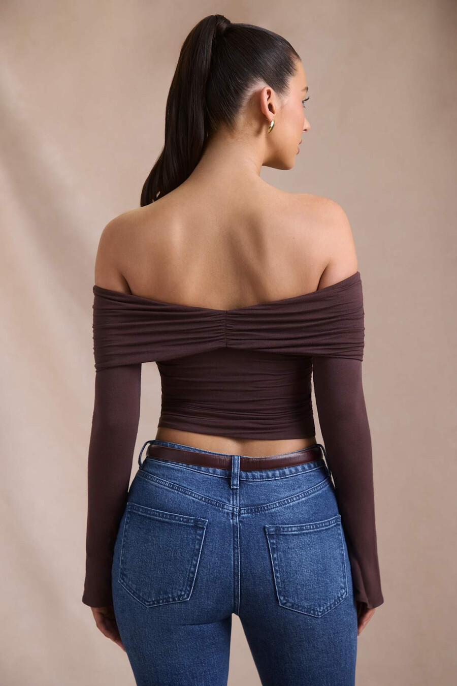 off-shoulder top met ruches van modal en kasjmier in espresso