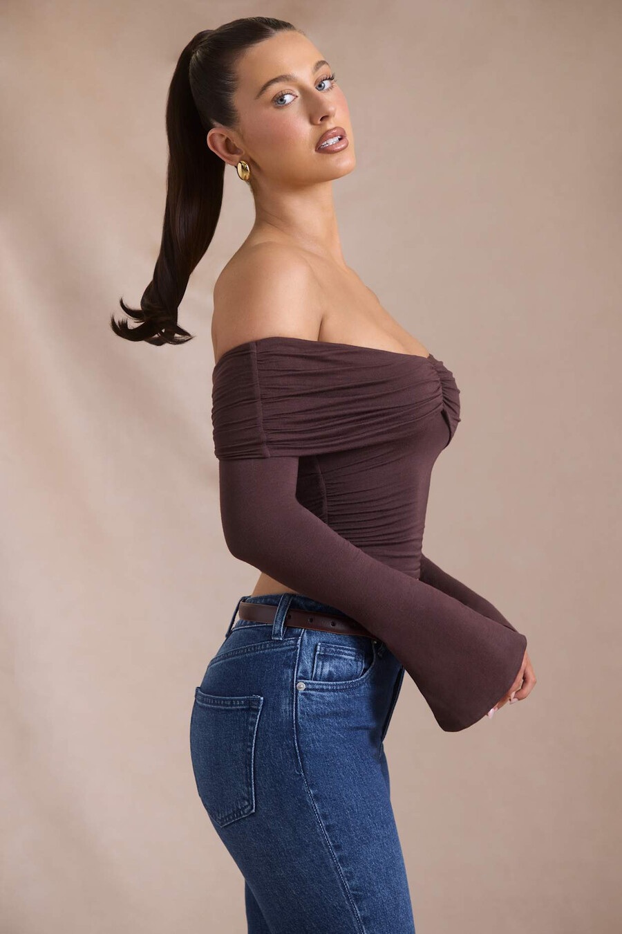 off-shoulder top met ruches van modal en kasjmier in espresso