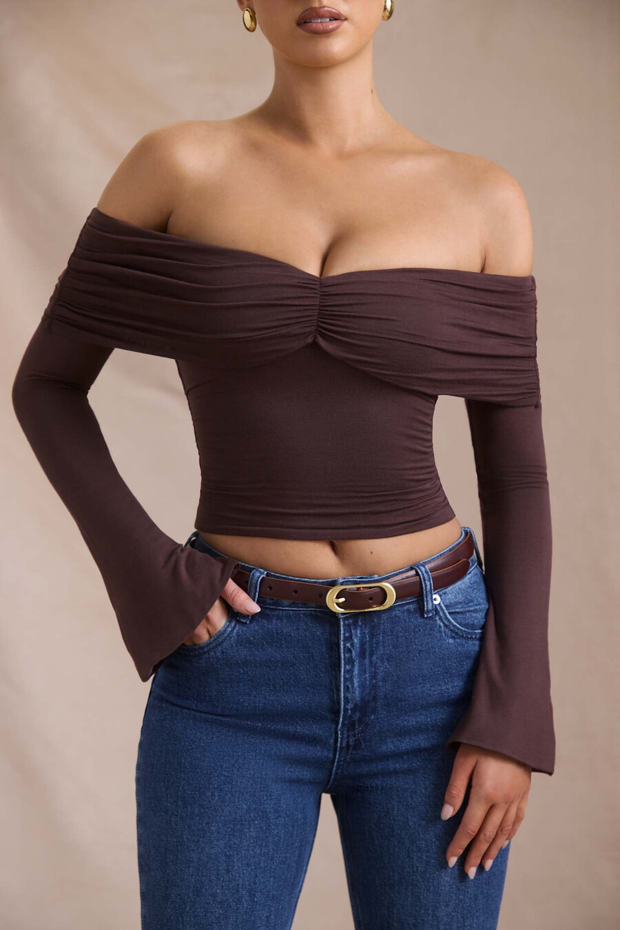 off-shoulder top met ruches van modal en kasjmier in espresso