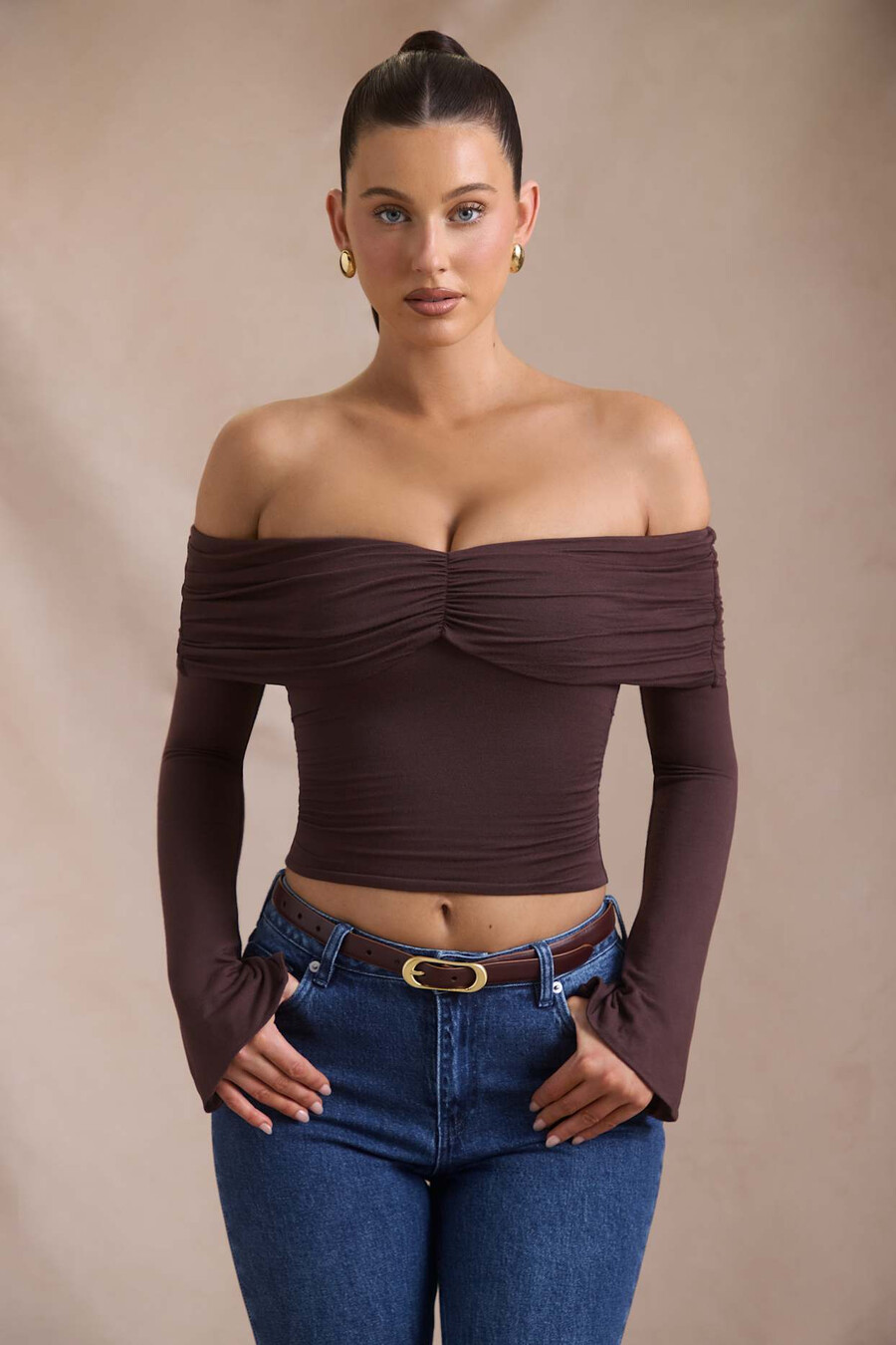 off-shoulder top met ruches van modal en kasjmier in espresso