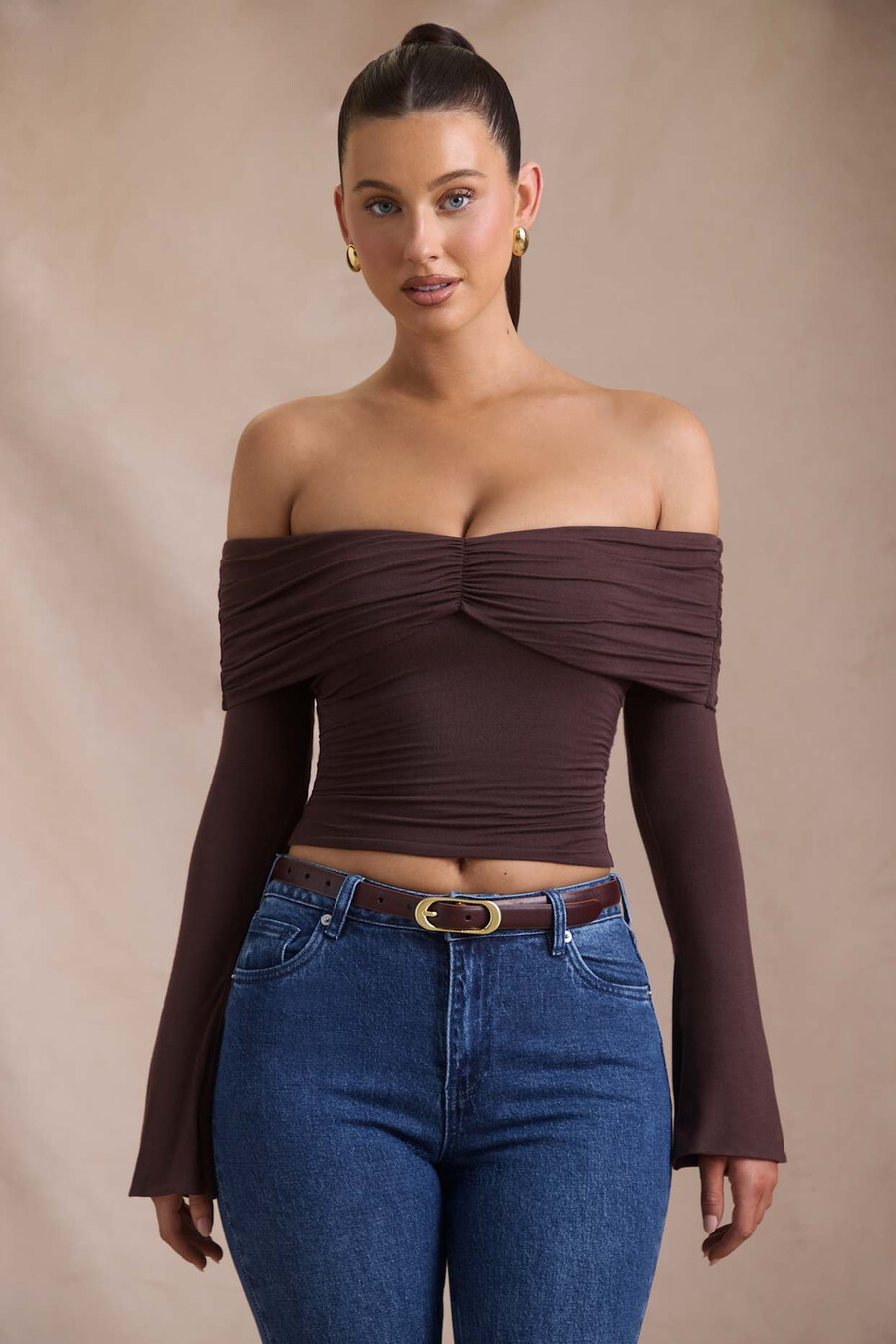 off-shoulder top met ruches van modal en kasjmier in espresso