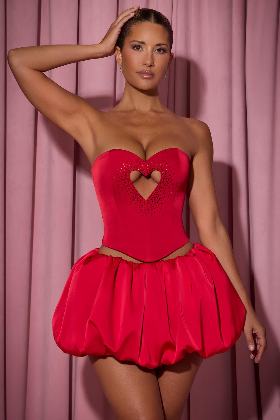 versierde strapless korsettop met hartvormige uitsnijding in rood