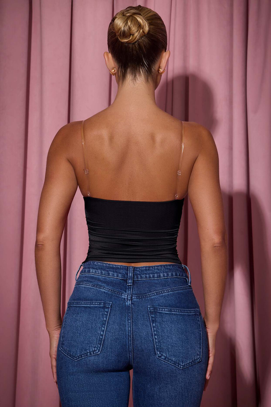 geplooide camisole top met diepe v-hals in zwart