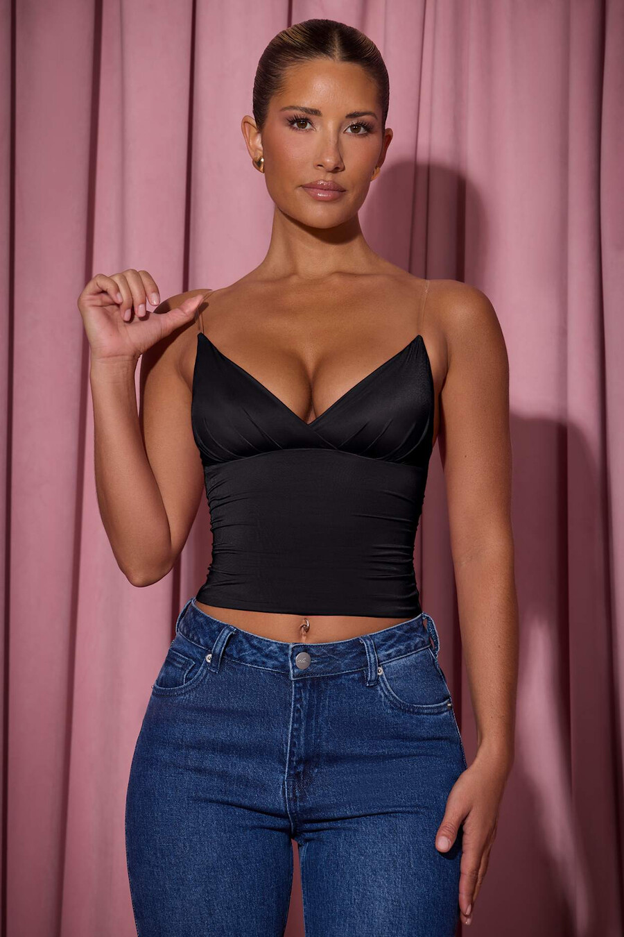 geplooide camisole top met diepe v-hals in zwart