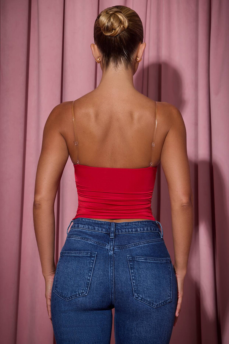 geplooide camisole top met diepe v-hals in rood
