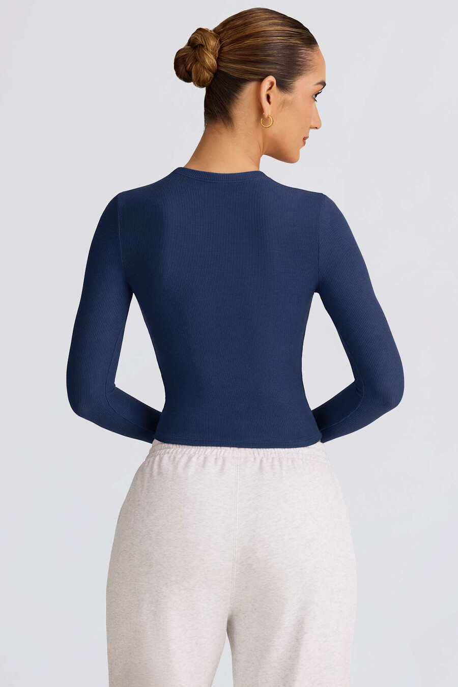 geribbelde modal top met lange mouwen in donkerblauw