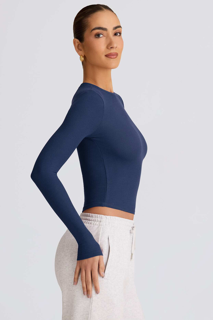 geribbelde modal top met lange mouwen in donkerblauw