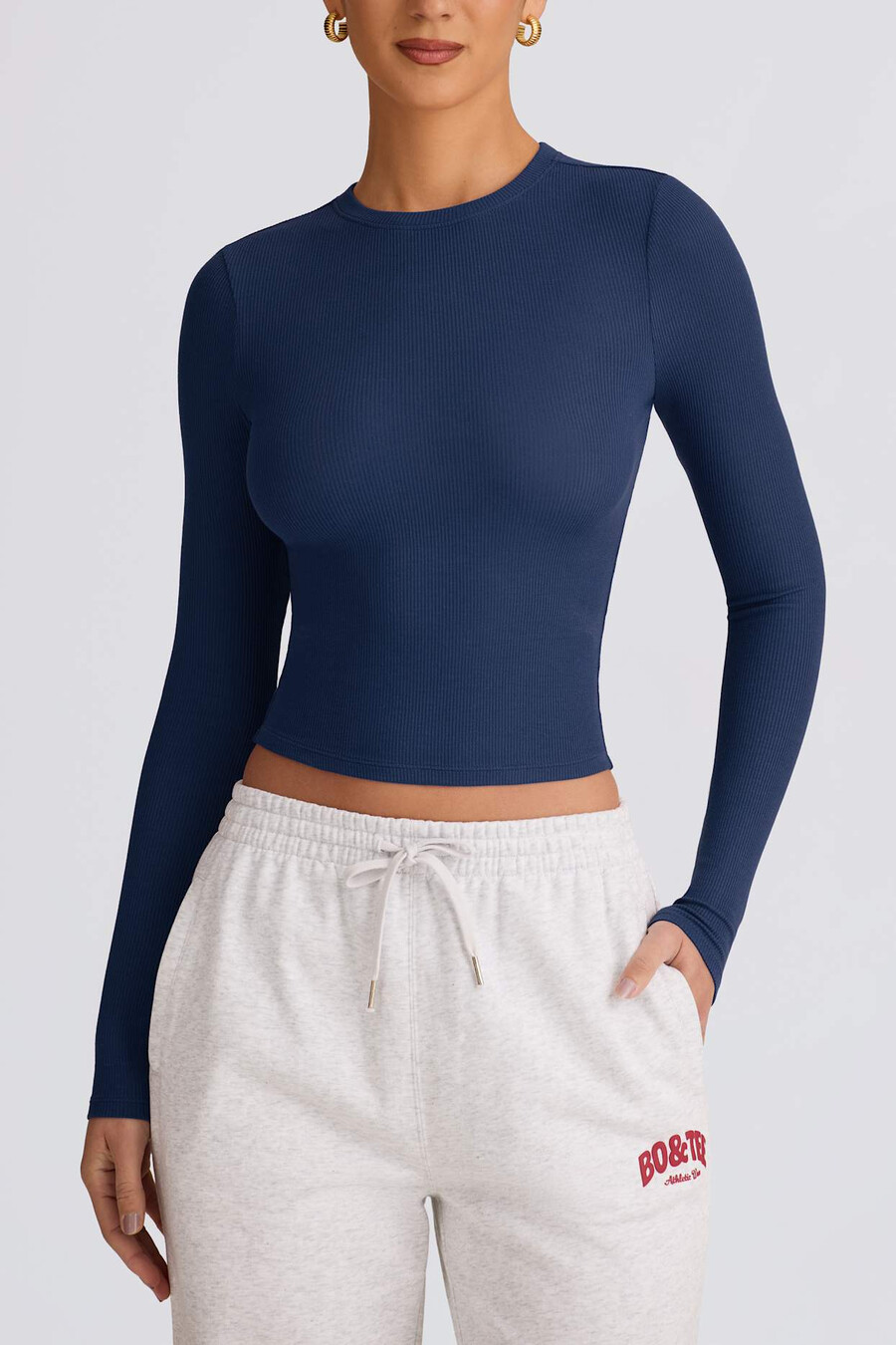 geribbelde modal top met lange mouwen in donkerblauw