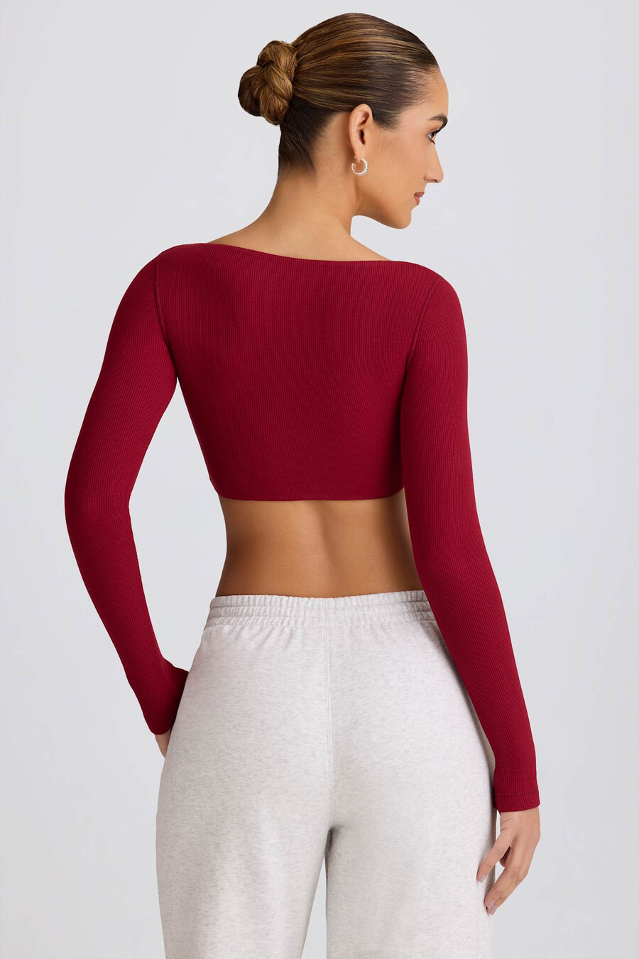 geribbelde modal crop top met lange mouwen in bordeauxrood