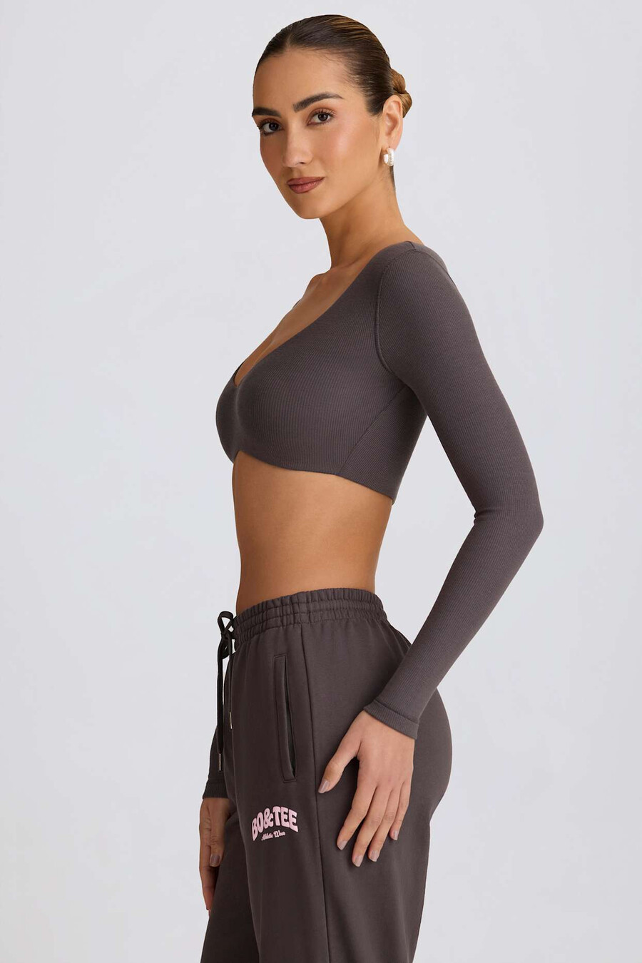 geribbelde modal crop top met lange mouwen in antracietgrijs