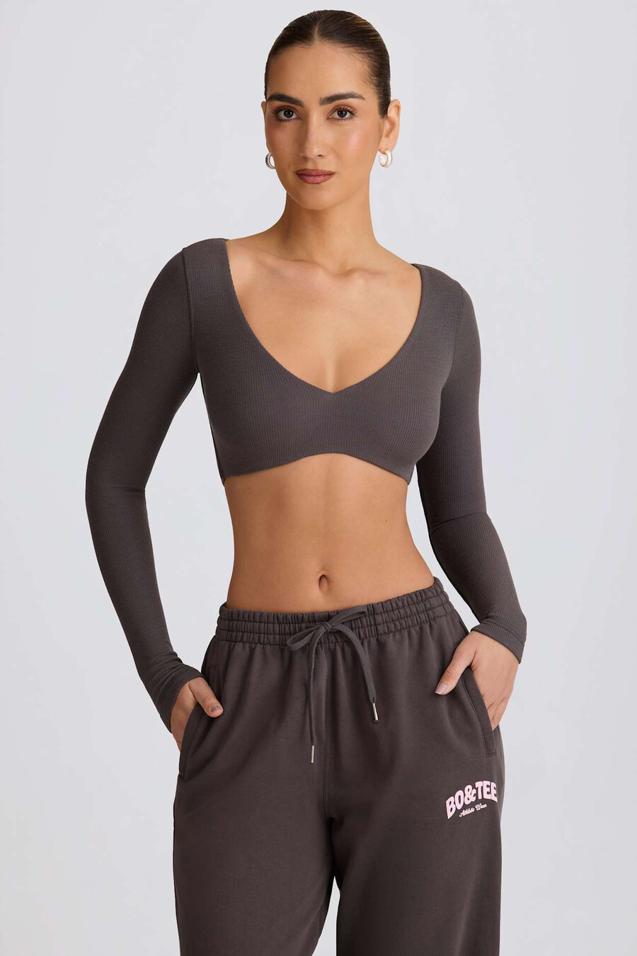 geribbelde modal crop top met lange mouwen in antracietgrijs