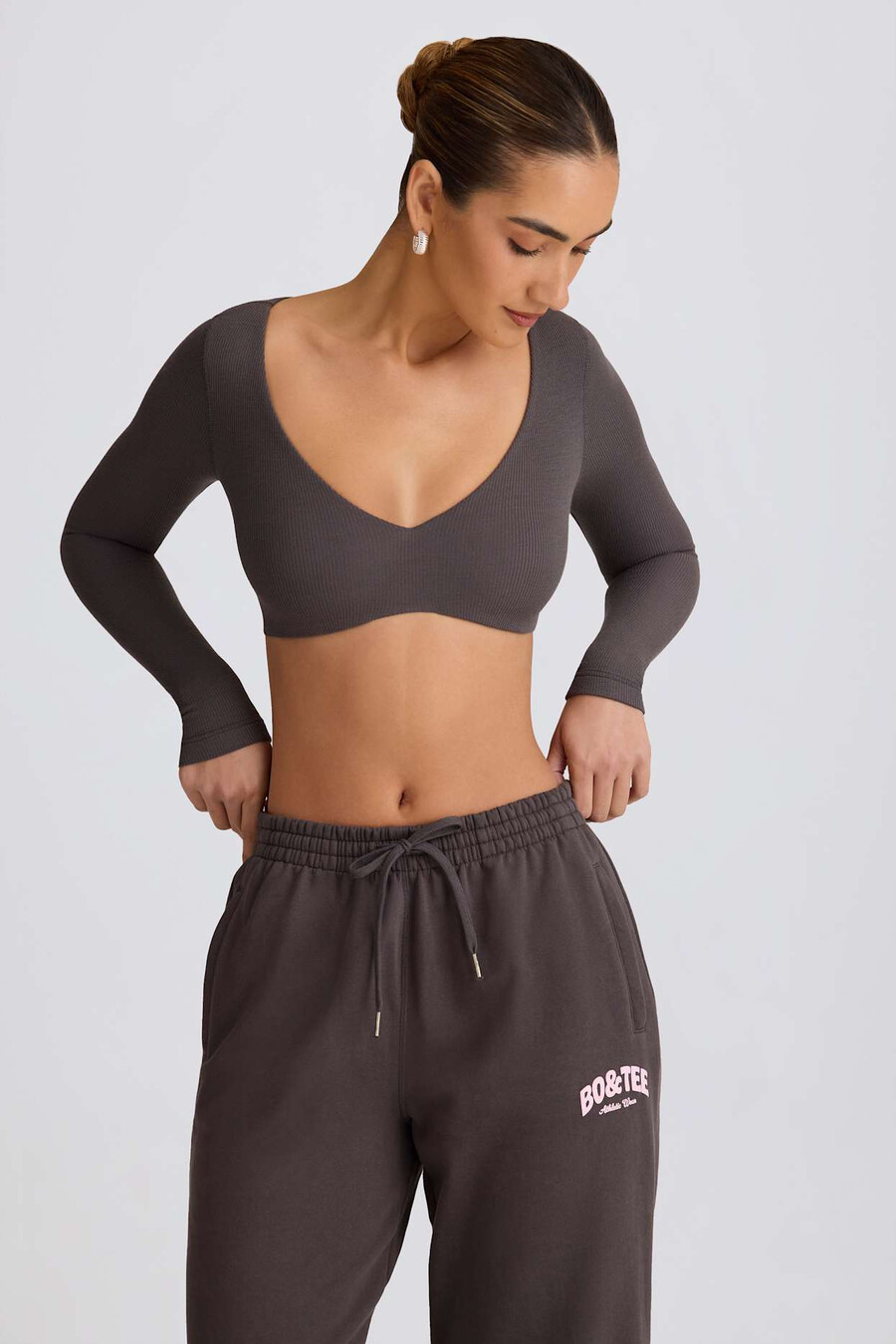 geribbelde modal crop top met lange mouwen in antracietgrijs