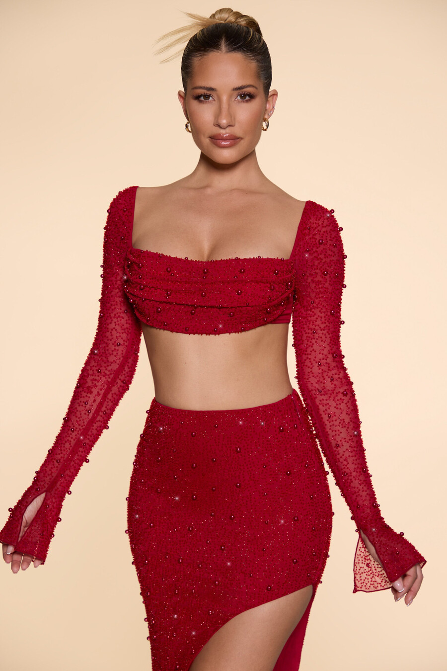 versierde crop top met colkraag in rood