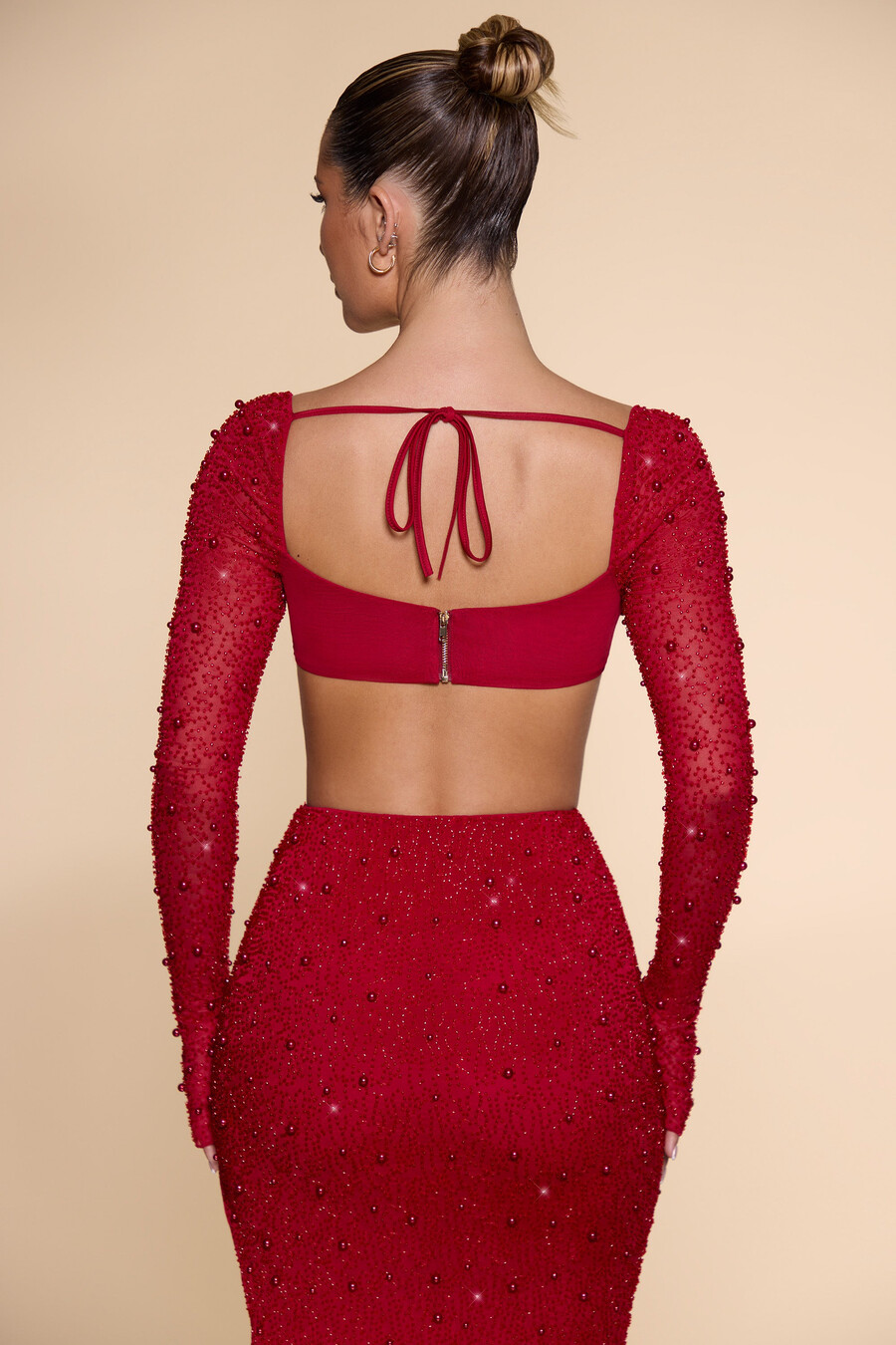versierde crop top met colkraag in rood