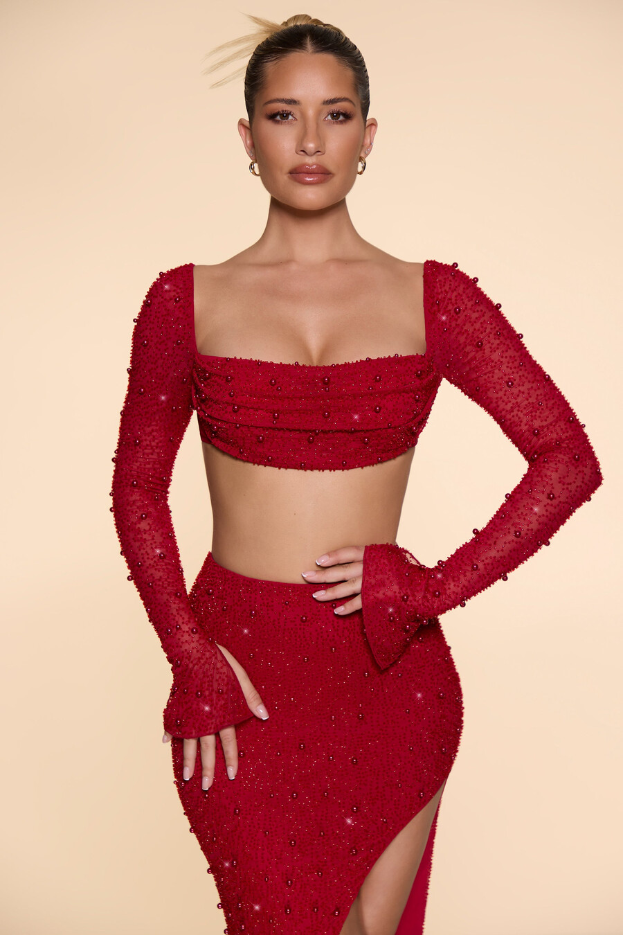 versierde crop top met colkraag in rood