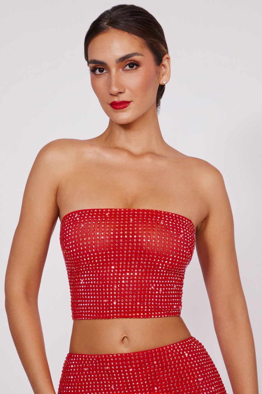 versierde strapless crop top in vuurrood