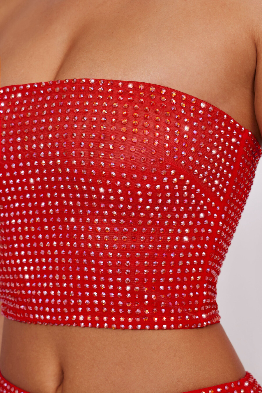 versierde strapless crop top in vuurrood