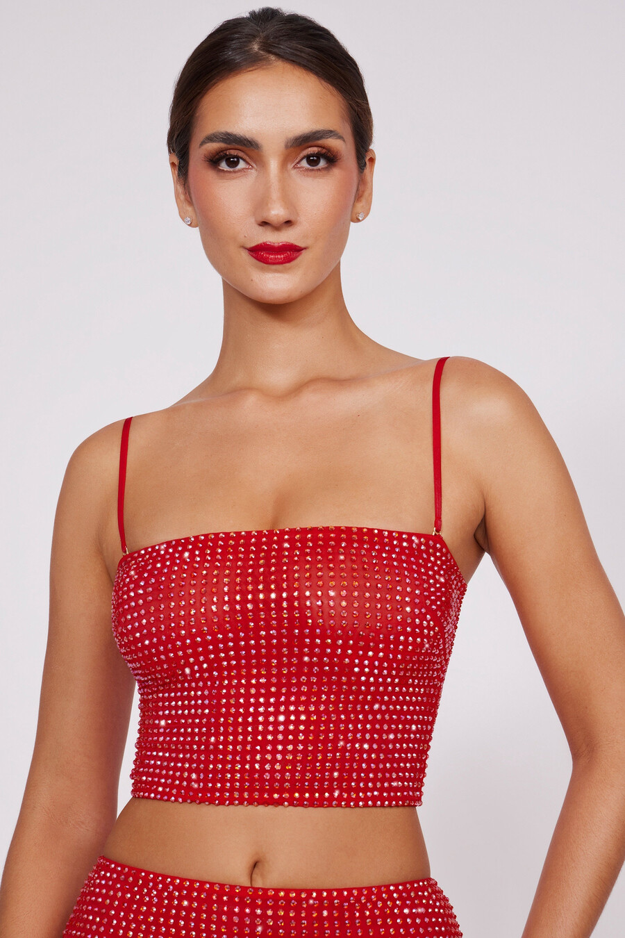 versierde strapless crop top in vuurrood