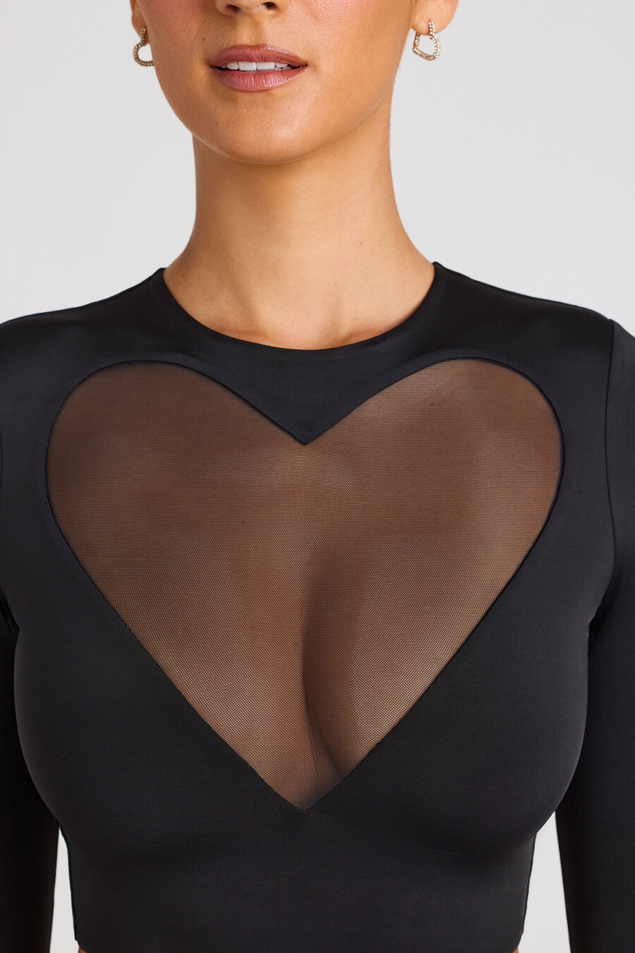 transparante crop top met lange mouwen en panelen in zwart