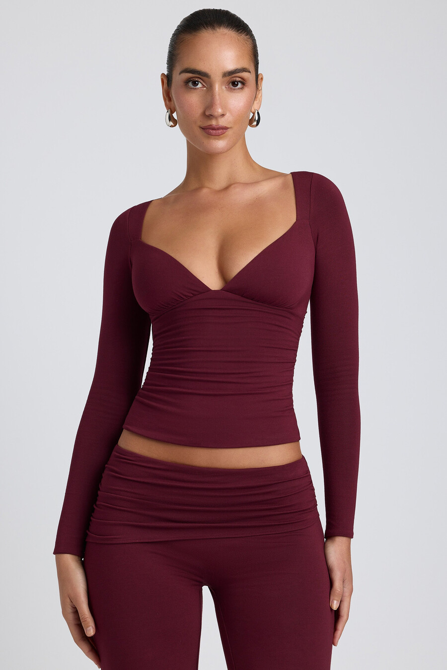 tencel modal top met lange mouwen en ruches in pruimkleur