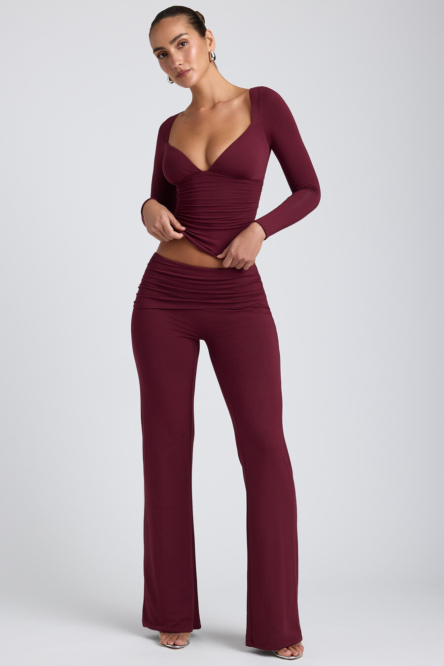 tencel modal top met lange mouwen en ruches in pruimkleur