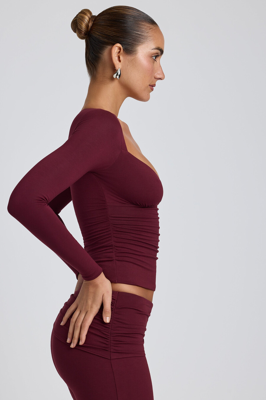 tencel modal top met lange mouwen en ruches in pruimkleur