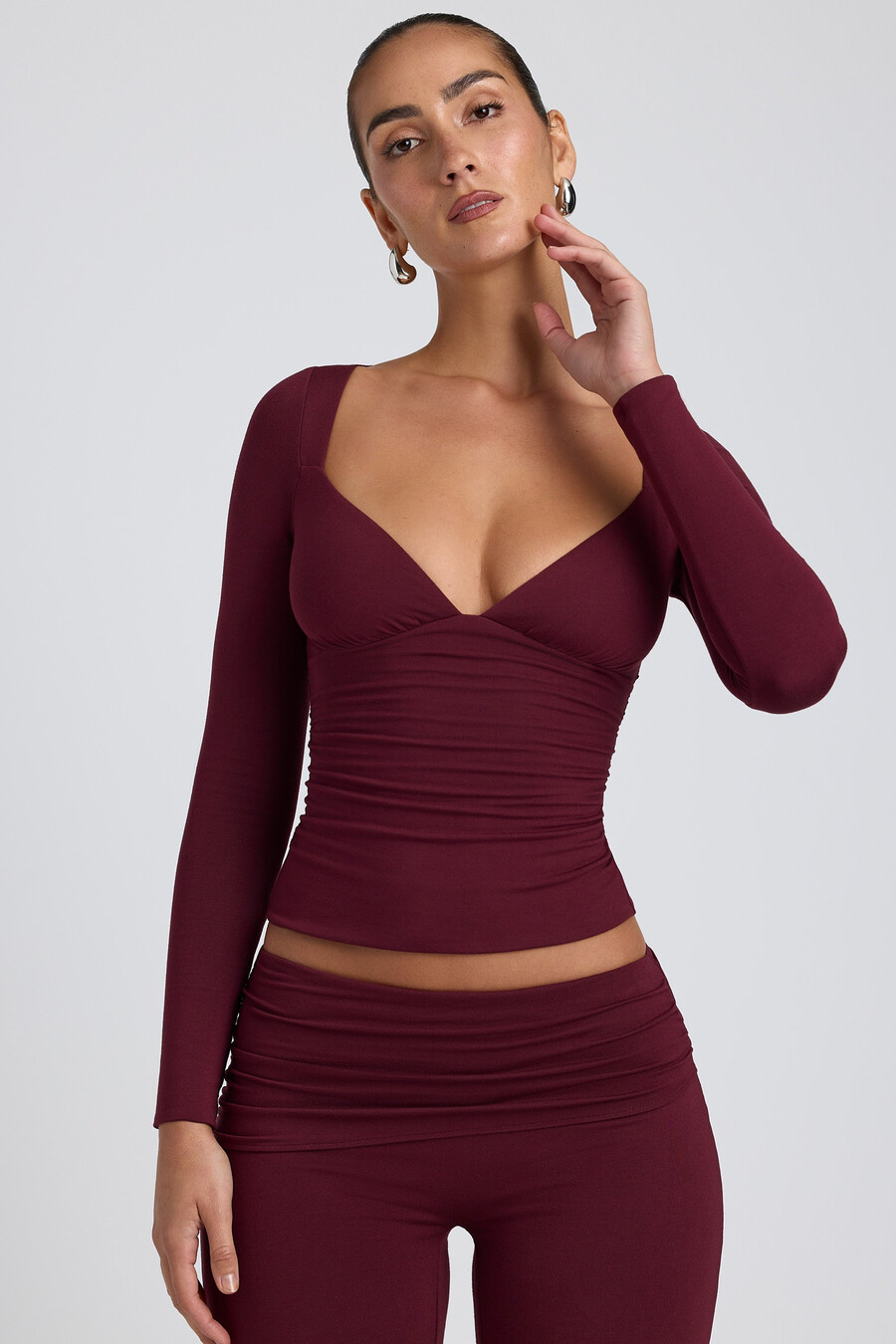 tencel modal top met lange mouwen en ruches in pruimkleur