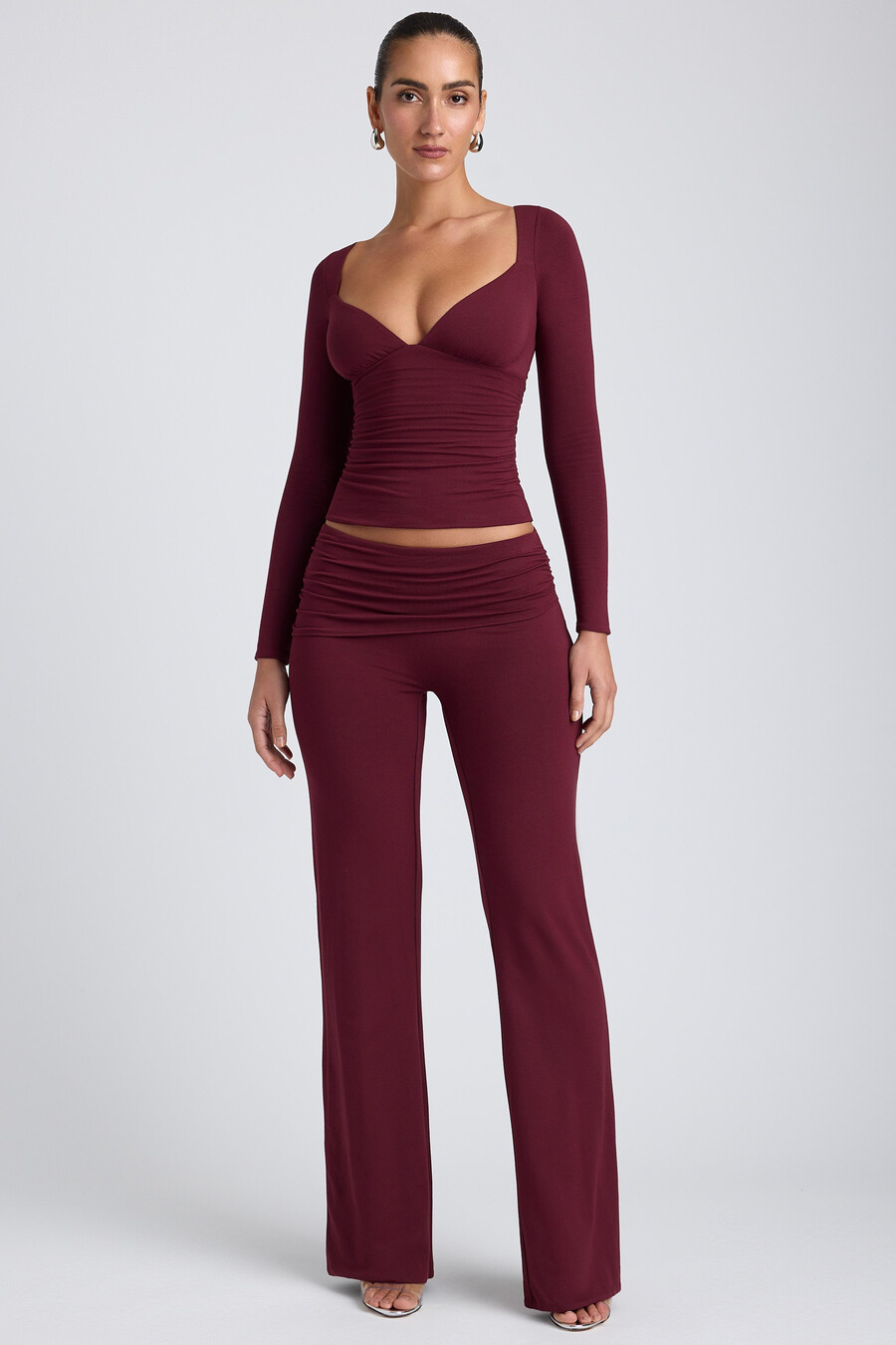 tencel modal top met lange mouwen en ruches in pruimkleur