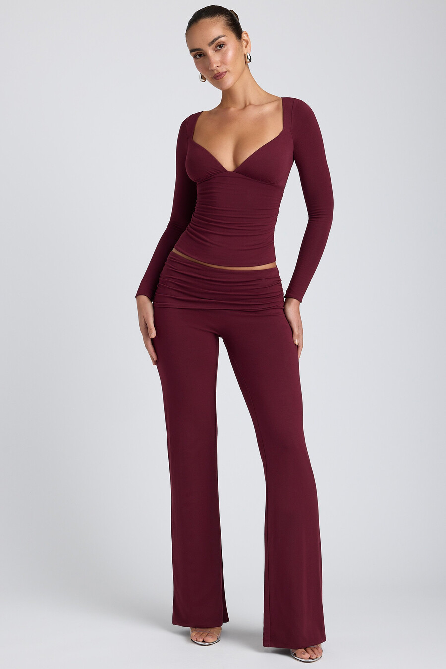 tencel modal top met lange mouwen en ruches in pruimkleur