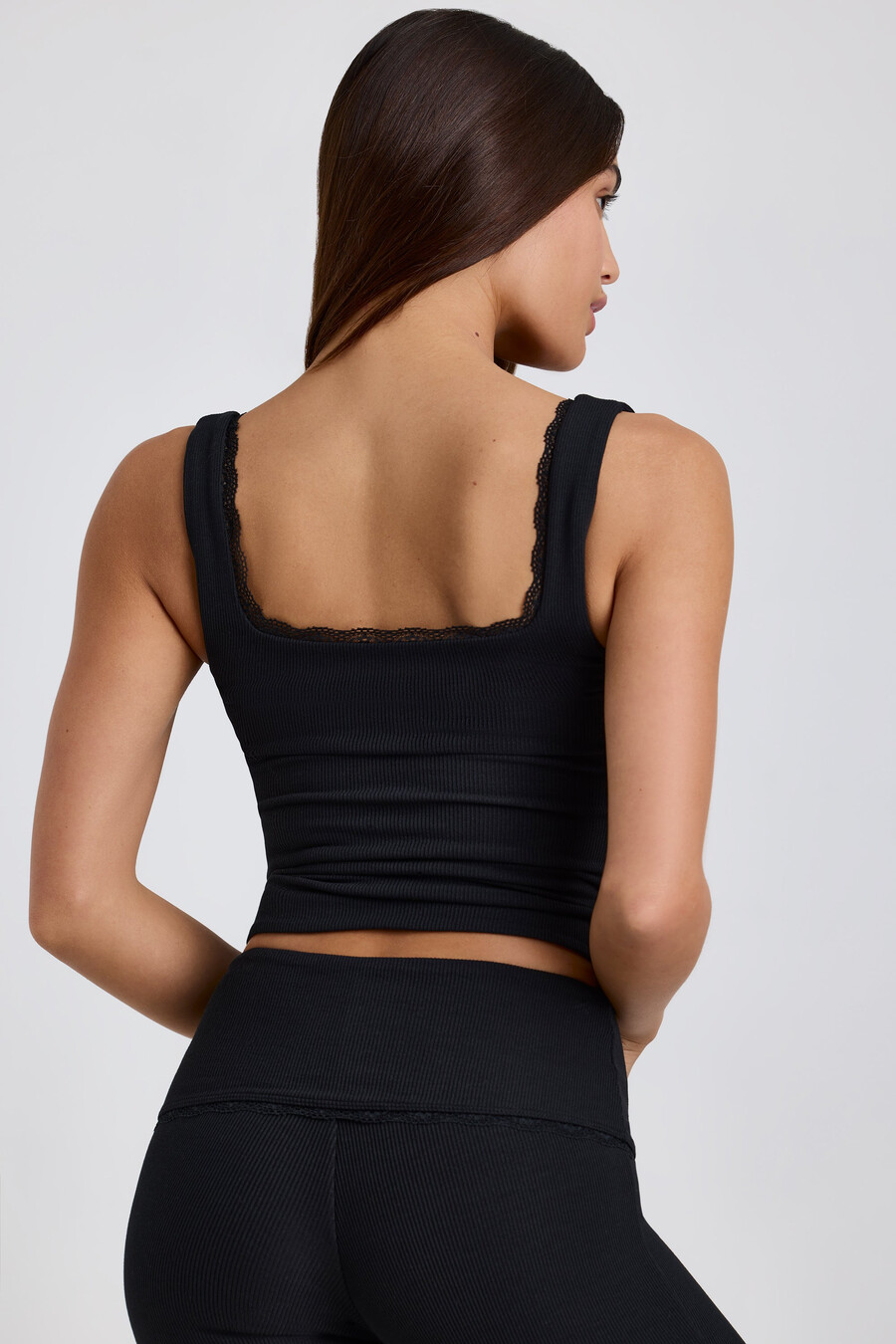 geribbelde modal tanktop met kanten afwerking in zwart