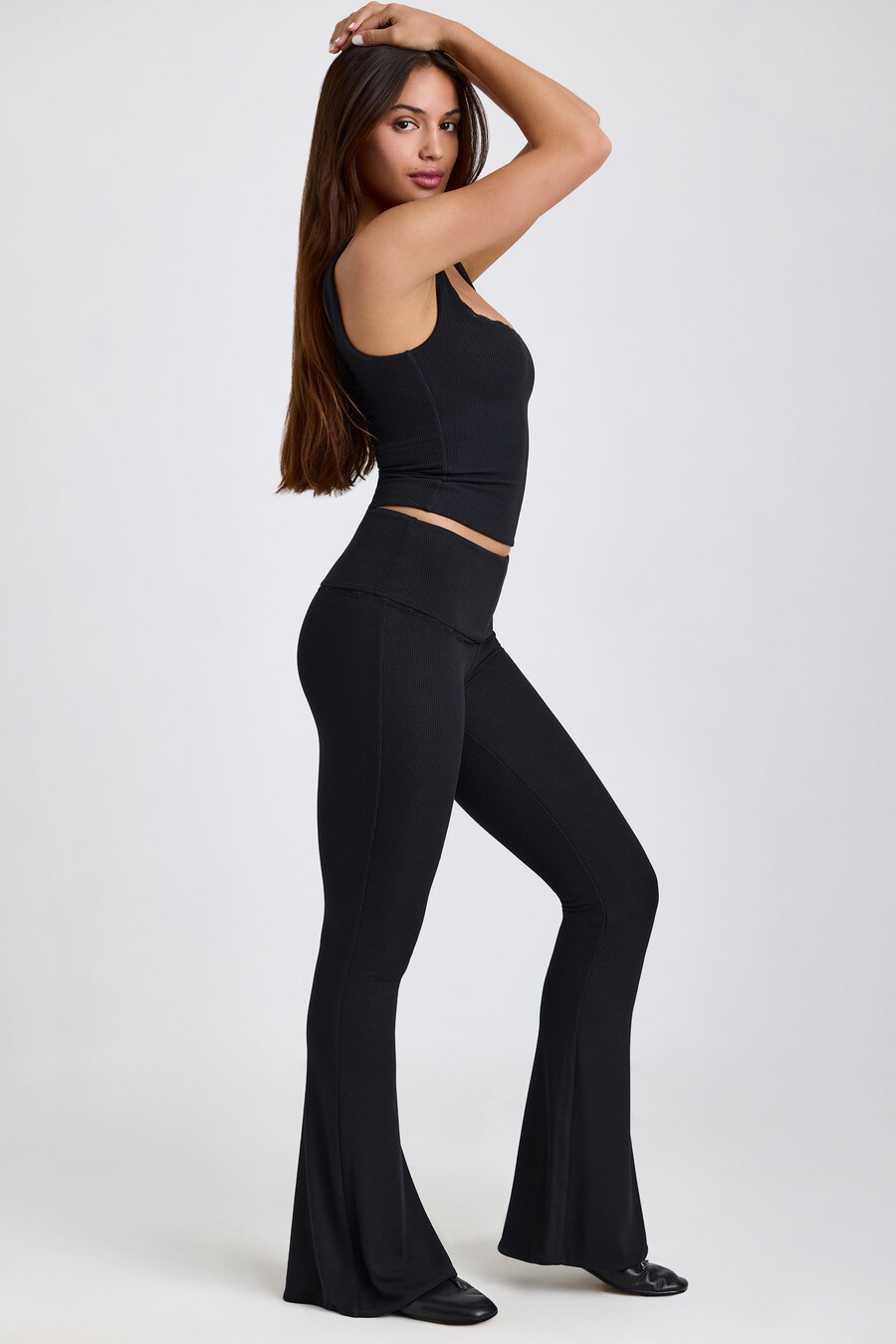 geribbelde modal tanktop met kanten afwerking in zwart