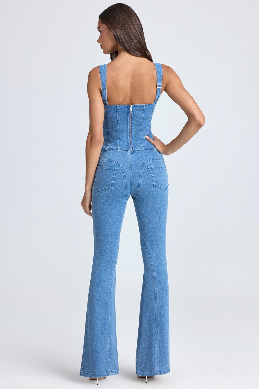 corsettop met vetersluiting in middenblauwe stonewash