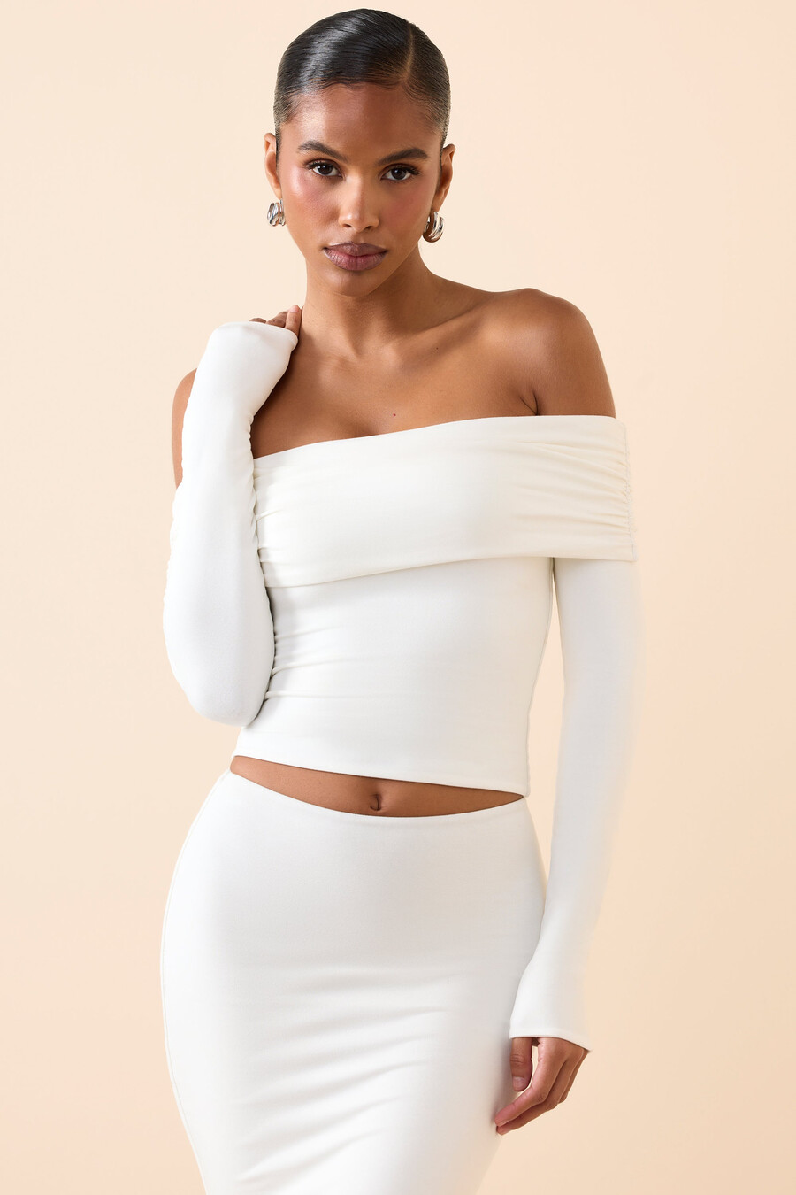 off-shoulder top met lange mouwen van modal in wit