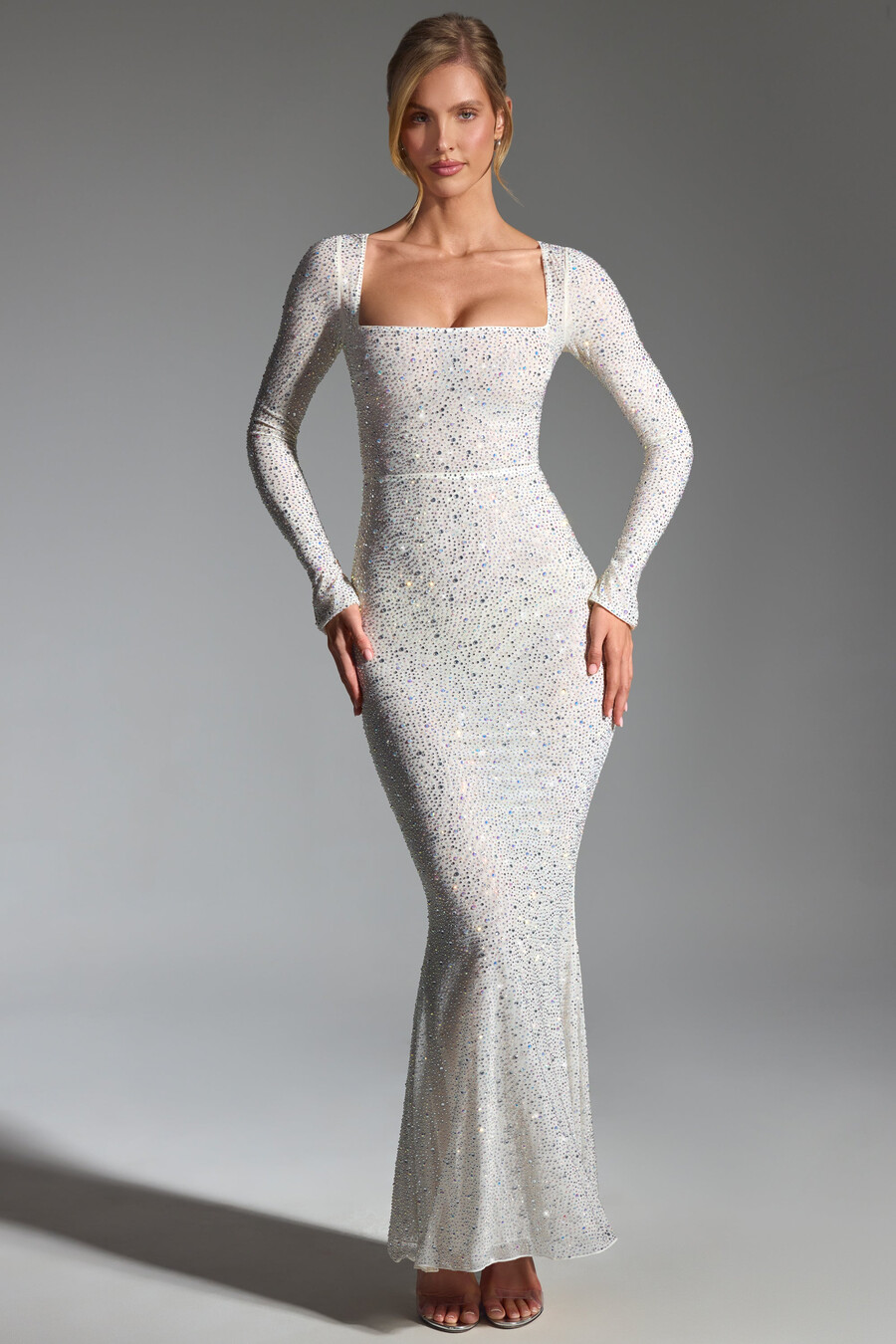 versierde maxi-jurk met fishtail-rok in wit