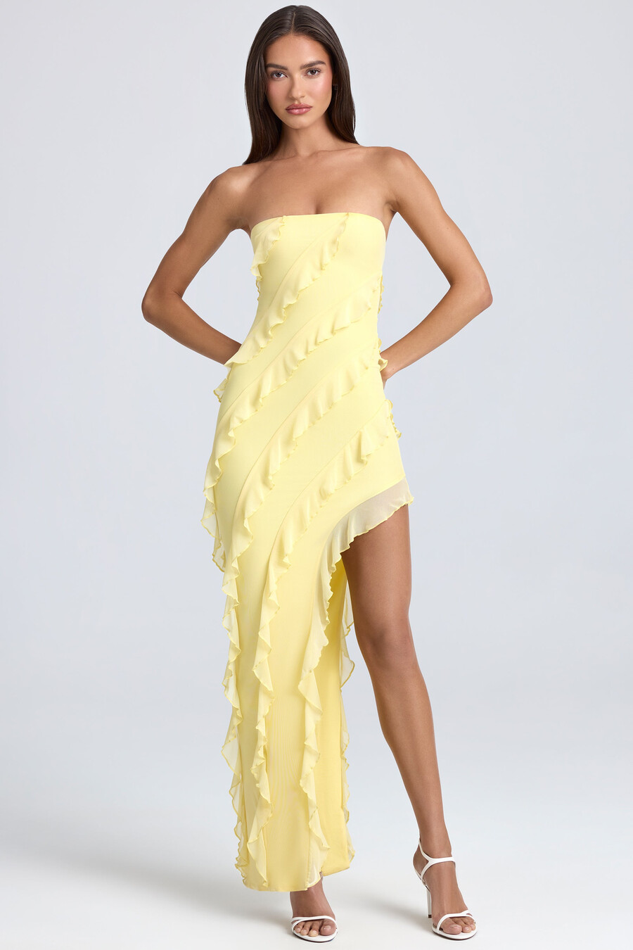 bandeau maxi-jurk met ruches in citroensorbet.