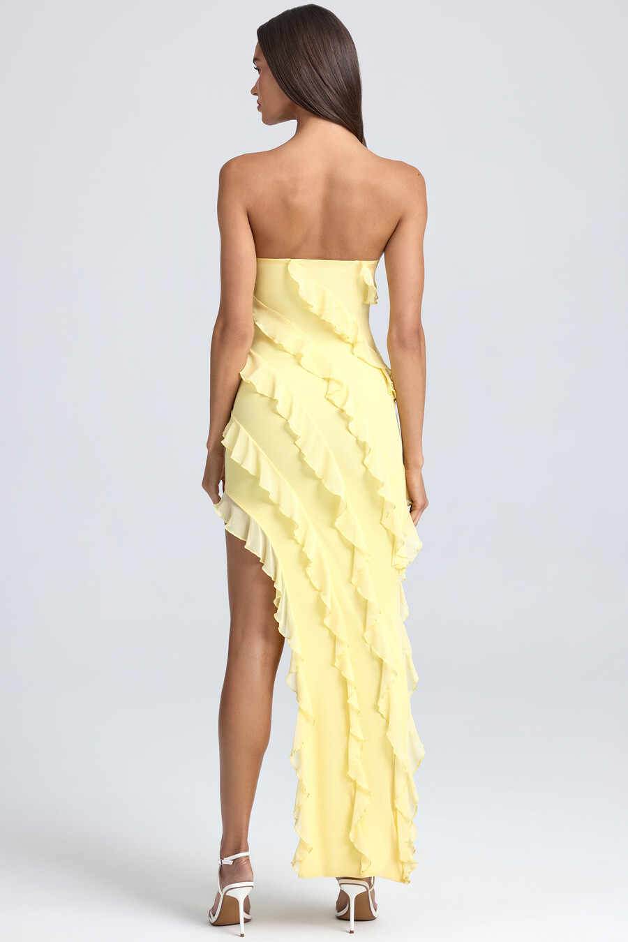 bandeau maxi-jurk met ruches in citroensorbet.