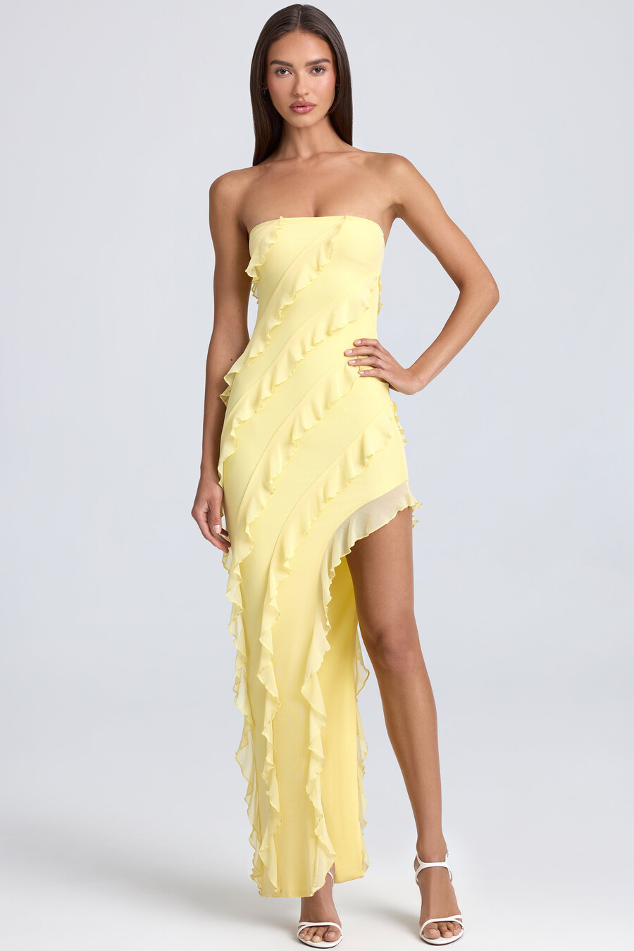 bandeau maxi-jurk met ruches in citroensorbet.