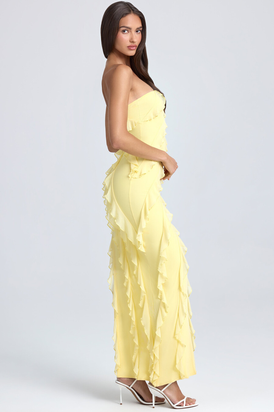 bandeau maxi-jurk met ruches in citroensorbet.